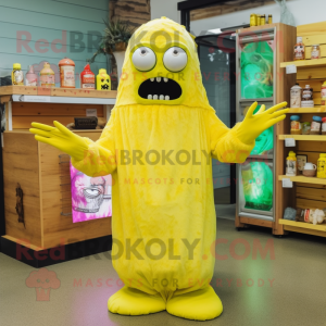 Lemon Yellow Undead mascot costume character dressed with a Maxi Dress and Mittens