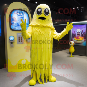 Lemon Yellow Undead mascot costume character dressed with a Maxi Dress and Mittens