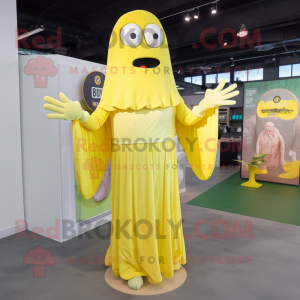 Lemon Yellow Undead mascot costume character dressed with a Maxi Dress and Mittens