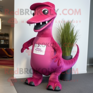 Magenta Brachiosaurus mascot costume character dressed with a Vest and Hat pins