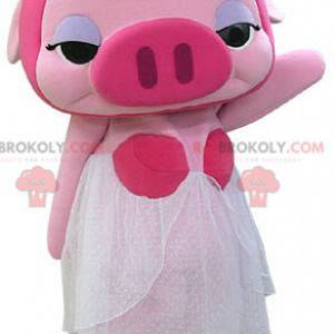 Trucco mascotte maiale rosa con un vestito bianco -