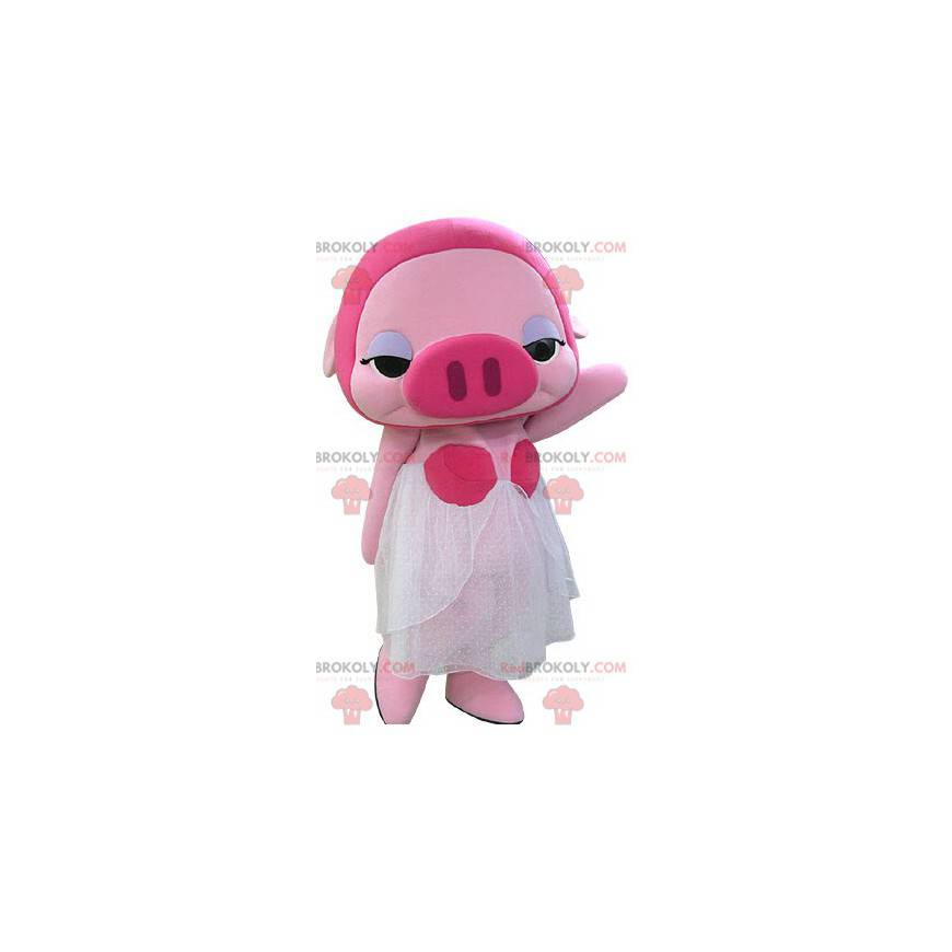 Mascotte de cochon rose maquillée avec une robe blanche -