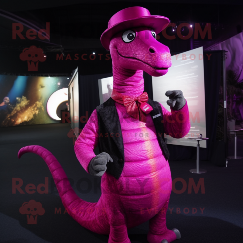 Magenta Brachiosaurus mascot costume character dressed with a Vest and Hat pins