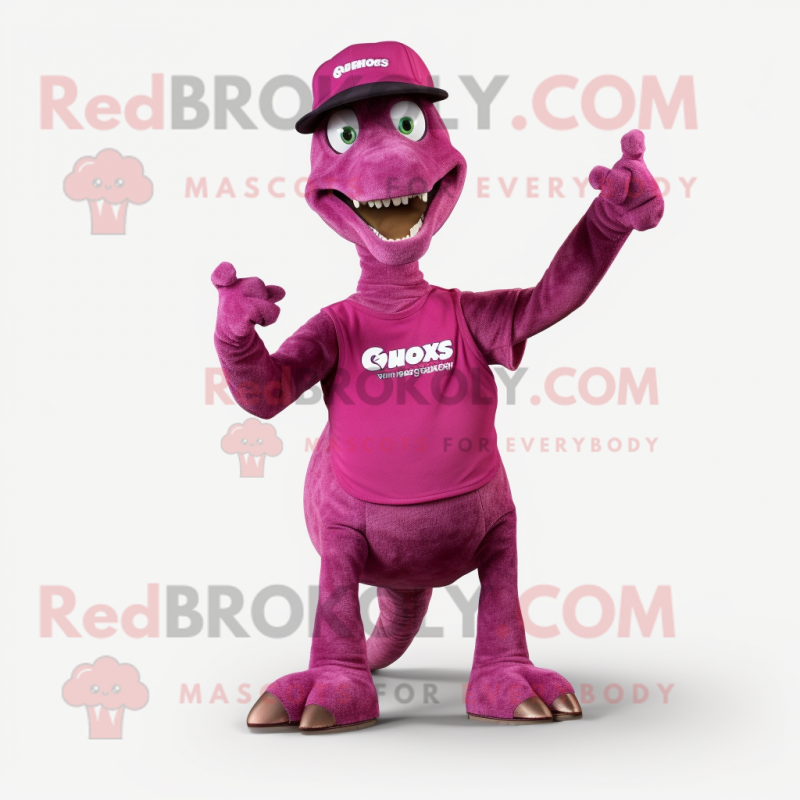 Magenta Brachiosaurus mascot costume character dressed with a Vest and Hat pins Magenta Brachiosaurus mascot costume character dressed with a Vest and Hat pins