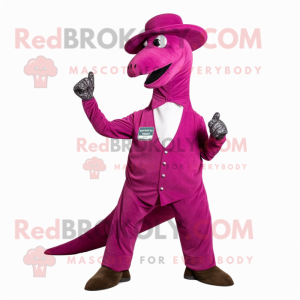 Magenta Brachiosaurus mascot costume character dressed with a Vest and Hat pins