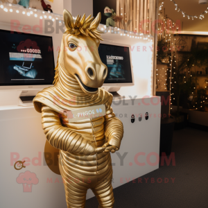 Gold Quagga mascot costume character dressed with a Playsuit and Necklaces
