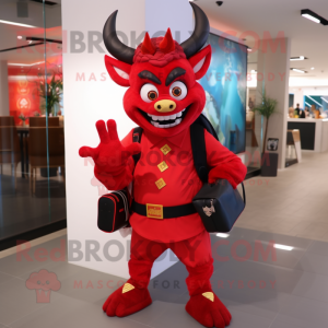 nan Devil mascot costume character dressed with a Sweater and Backpacks