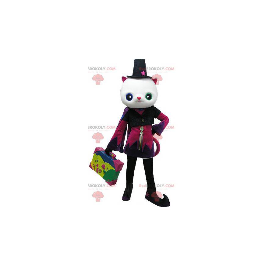 Mascotte de chat blanc avec les yeux vairons et un joli costume