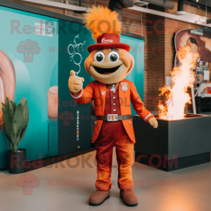 Rust Fire Eater mascot costume character dressed with a Suit Pants and Hairpins