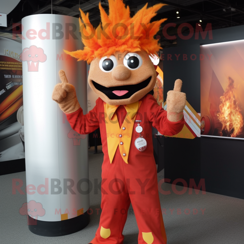Rust Fire Eater mascot costume character dressed with a Suit Pants and Hairpins Rust Fire Eater mascot costume character dressed with a Suit Pants and Hairpins