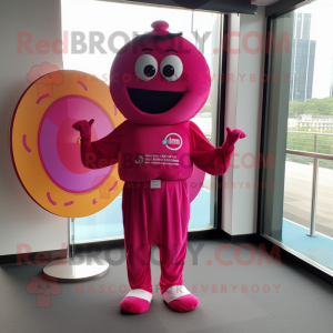 Magenta Donut mascot costume character dressed with a Jumpsuit and Shawl pins