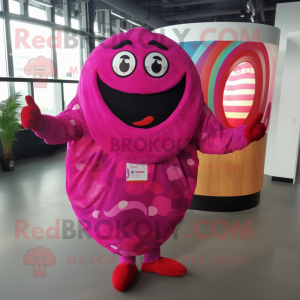 Magenta Donut mascot costume character dressed with a Jumpsuit and Shawl pins