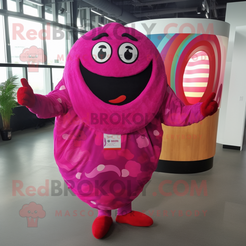 Magenta Donut mascot costume character dressed with a Jumpsuit and Shawl pins Magenta Donut mascot costume character dressed with a Jumpsuit and Shawl pins