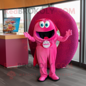 Magenta Donut mascot costume character dressed with a Jumpsuit and Shawl pins