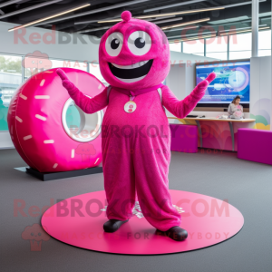 Magenta Donut mascot costume character dressed with a Jumpsuit and Shawl pins