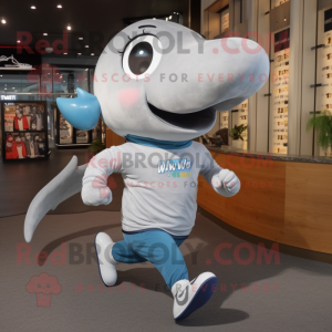Silver Whale mascot costume character dressed with a Running Shorts and Tie pins