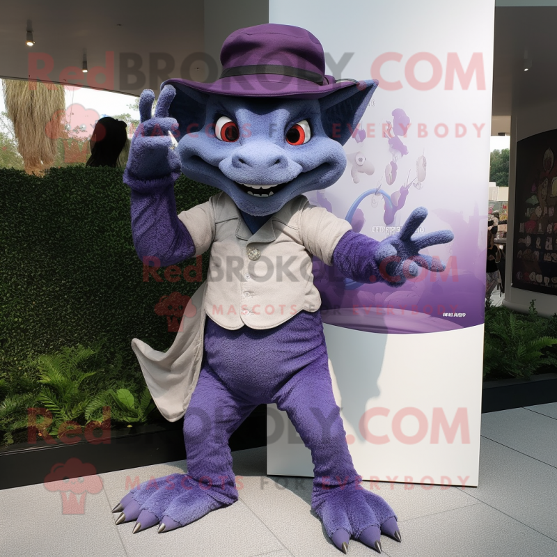 Lavender Gargoyle mascot costume character dressed with a Henley Tee and Hats