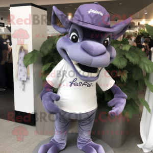 Lavender Gargoyle mascot costume character dressed with a Henley Tee and Hats
