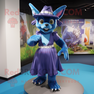 Blue Chupacabra mascot costume character dressed with a Maxi Skirt and Caps