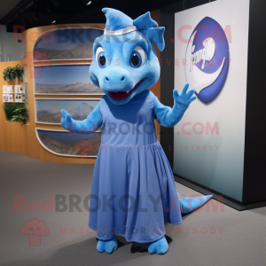 Blue Chupacabra mascot costume character dressed with a Maxi Skirt and Caps