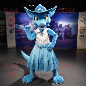 Blue Chupacabra mascot costume character dressed with a Maxi Skirt and Caps