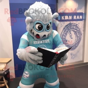 Silver Kraken mascot costume character dressed with a Rugby Shirt and Reading glasses