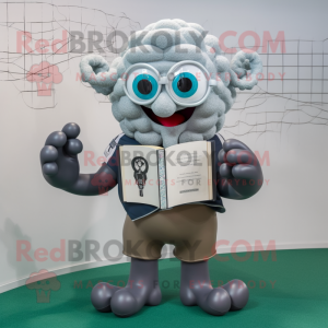 Silver Kraken mascot costume character dressed with a Rugby Shirt and Reading glasses