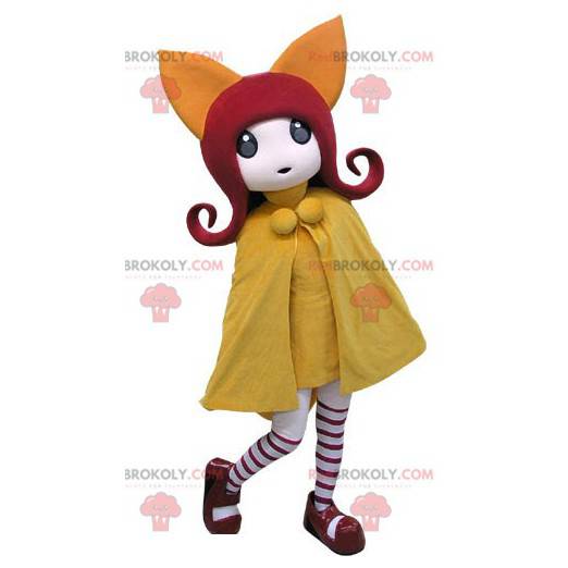 Roodharige meisjesmascotte met een gele jas - Redbrokoly.com