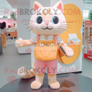 Peach Cat mascot costume character dressed with a Vest and Coin purses