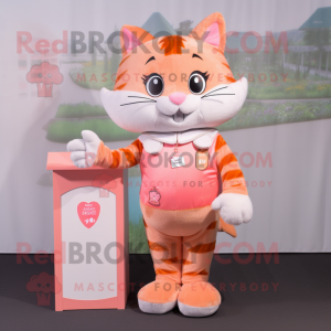 Peach Cat mascot costume character dressed with a Vest and Coin purses