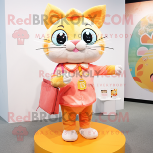 Peach Cat mascot costume character dressed with a Vest and Coin purses