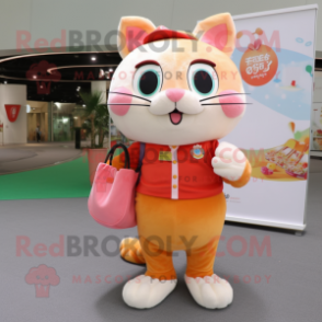 Peach Cat mascot costume character dressed with a Vest and Coin purses