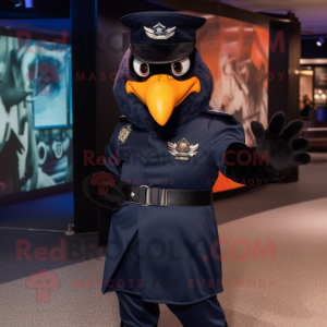 Navy Blackbird mascot costume character dressed with a Graphic Tee and Mittens