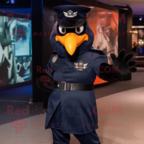 Navy Blackbird mascot costume character dressed with a Graphic Tee and Mittens