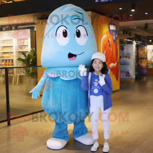 Cyan Ghost mascot costume character dressed with a Mom Jeans and Berets