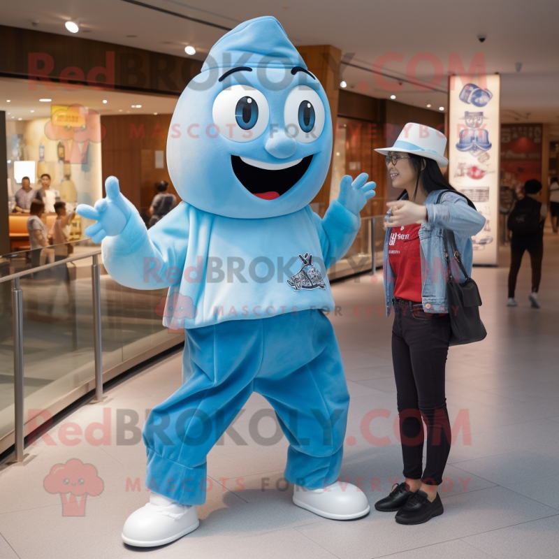 Cyan Ghost mascot costume character dressed with a Mom Jeans and Berets