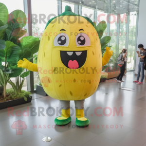 Yellow Watermelon mascot costume character dressed with a Denim Shorts and Foot pads