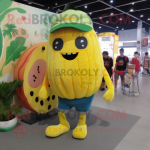 Yellow Watermelon mascot costume character dressed with a Denim Shorts and Foot pads