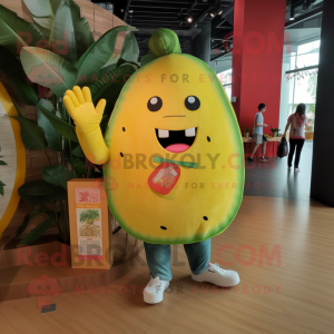 Yellow Watermelon mascot costume character dressed with a Denim Shorts and Foot pads