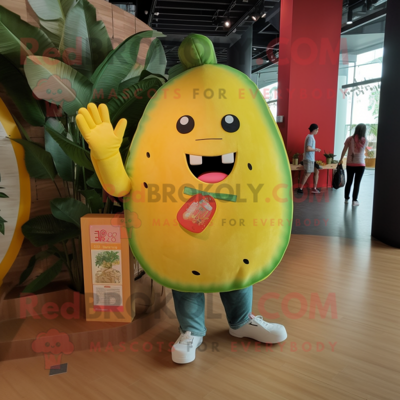 Yellow Watermelon mascot costume character dressed with a Denim Shorts and Foot pads