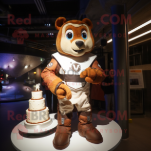 Rust Wedding Cake mascot costume character dressed with a Bomber Jacket and Rings