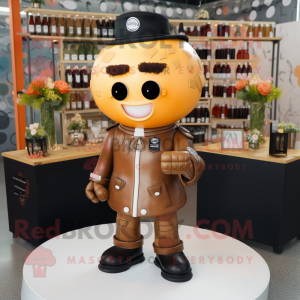 Rust Wedding Cake mascot costume character dressed with a Bomber Jacket and Rings
