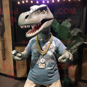 Gray Tyrannosaurus mascot costume character dressed with a Henley Tee and Necklaces