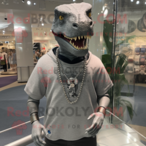 Gray Tyrannosaurus mascot costume character dressed with a Henley Tee and Necklaces