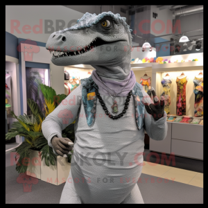 Gray Tyrannosaurus mascot costume character dressed with a Henley Tee and Necklaces