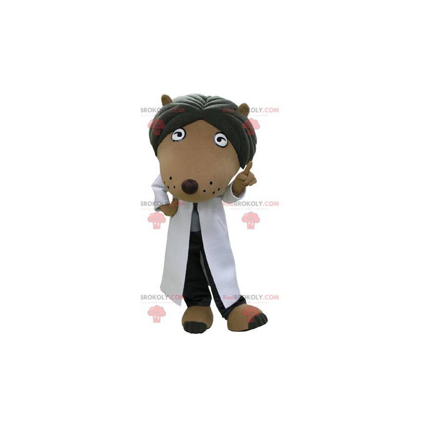 Brown and black dog mascot dressed in a white blouse -