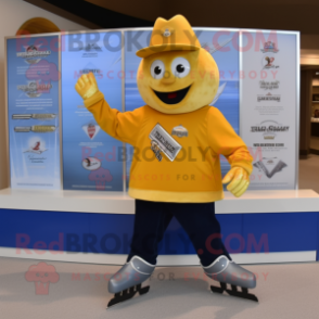 Gold Pair Of Ice Skates mascot costume character dressed with a V-Neck Tee and Hat pins