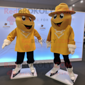 Gold Pair Of Ice Skates mascot costume character dressed with a V-Neck Tee and Hat pins