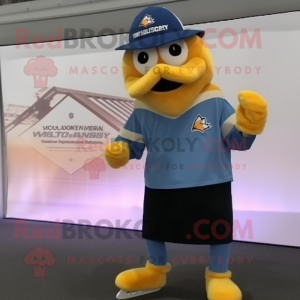 Gold Pair Of Ice Skates mascot costume character dressed with a V-Neck Tee and Hat pins