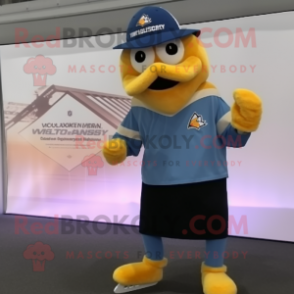 Gold Pair Of Ice Skates mascot costume character dressed with a V-Neck Tee and Hat pins